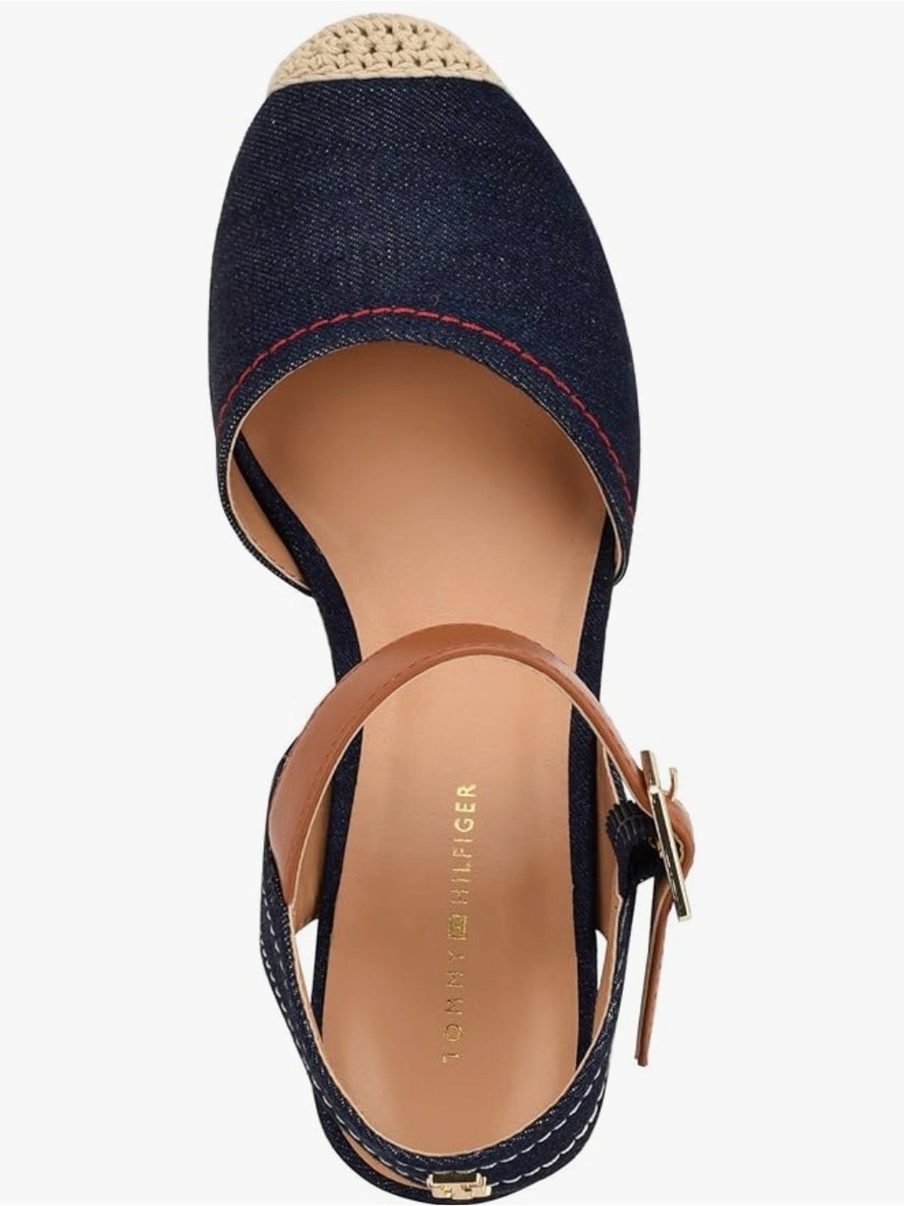 Tommy Hilfiger Navy Denim Espadrille Wedge Sandals with Tan Straps - Picture 2 of 5
